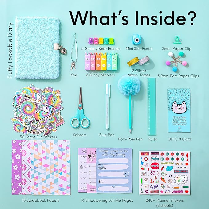 HAPPY LOLLI Mint LolliME DIY Journal Kit for Tween & Teen Girls Ages 8–14, Birthday Gift, 300+ Pieces Lockable Diary Set, Arts & Crafts, Scrapbook & Creative Journaling