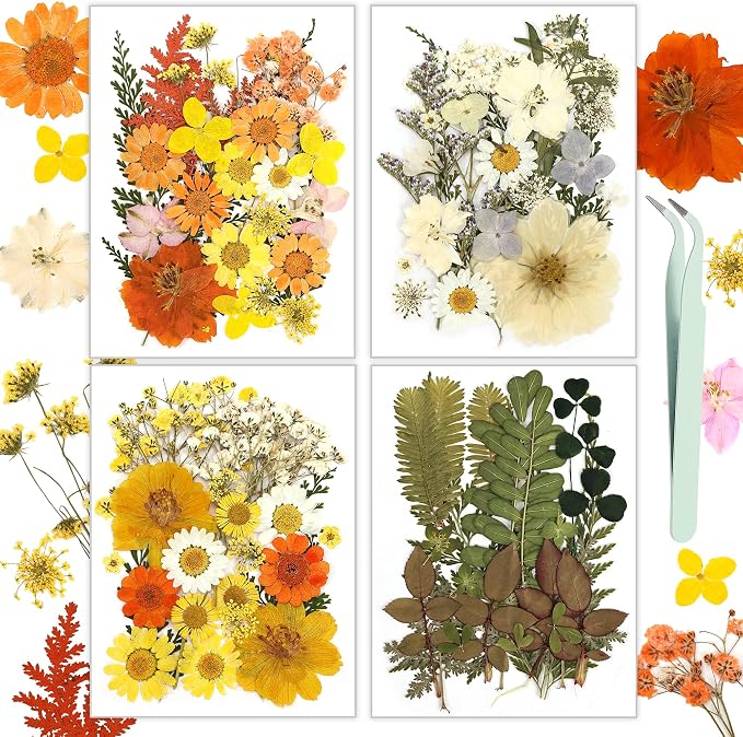 Dried Flowers, Resiners 100Pcs Pressed Flowers for Craft Yellow Real Natural Dried Flowers Dry Leaves Kit for DIY Making Crafts Resin Soap Candle Scrapbook Supplies Card Making Jewelry