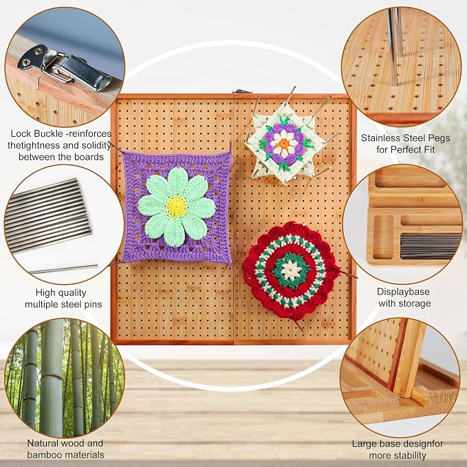 HHSarioneiro 15.6" Crochet Blocking Board with 16 Pins/Pegs, Blocking Boards for Crochet Projects, Wooden Crocheting Accessories Gifts for Crocheters