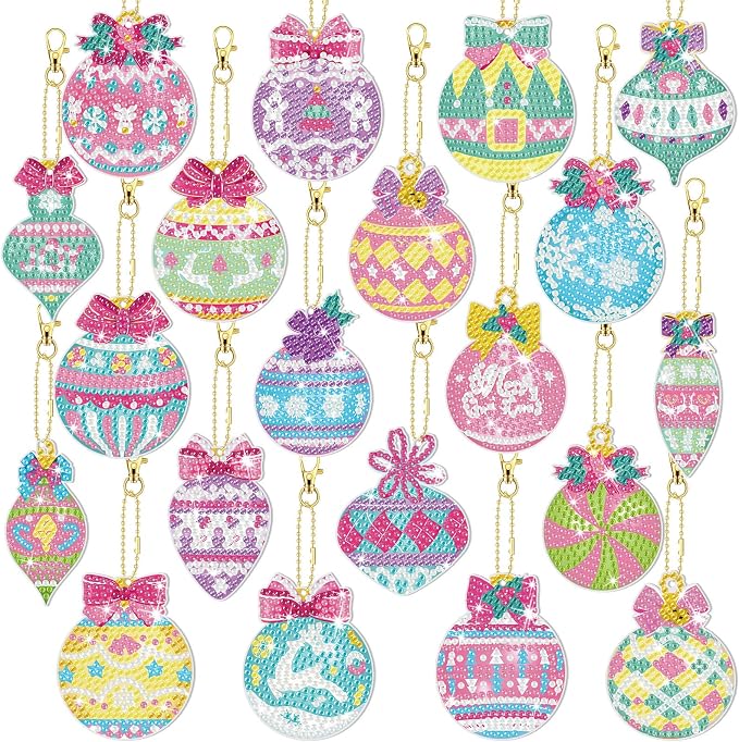 Tondiamo 20 Pcs Christmas Diamond Painting Keychain Kits 5D DIY Diamond Art Pendants Double Sided Hanging Key Chains for Christmas Party Decoration DIY(Macaron)