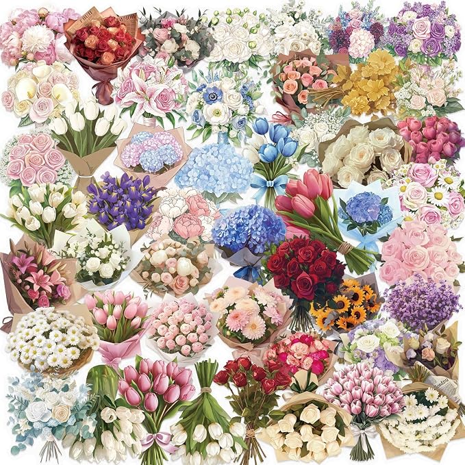 50Pcs Transparent Flower Bouquet Sticker Waterproof Vinyl Aesthetic Clear Floral Stickers for Scrapbooks,Laptops, Water Bottles Journals Girls Teens Adults Teachers Collectors DIY Lovers(Bouquet)