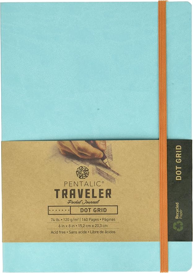 Pentalic Art Travelers Dot Grid Sketch Book Acid Free, 6"-x-8", Turquoise Blue