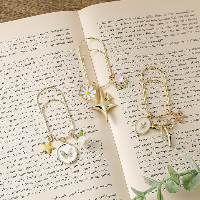 Charm Metal Bookmark Gift - 3 PCs Cute Bow Butterfly Flower Star Paperclip Book Mark Large Unique Aesthetic Page Marker Planner Paper Clip Reading Lover Women Girl Birthday School Supplies