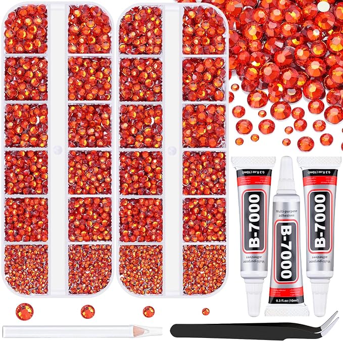 12100Pcs Resin Rhinestones for Crafting with 3Pcs 10ml B7000 Jewelry Glue, 2 Boxes Flatback Crystals Diamond (Red Zircon) for Bedazzling Crafts DIY Nail Art，Non Hotfix Gems for Clothing Shoes