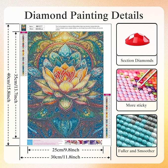 CHWGLFGG 5D Mandala Lotus Diamond Art Kits for Adults Beginners 12x16inch | Floral Diamond Painting Kit, DIY Full Round Drill Paint by Diamonds Dot Gem Art for Adult, Home Wall Decor
