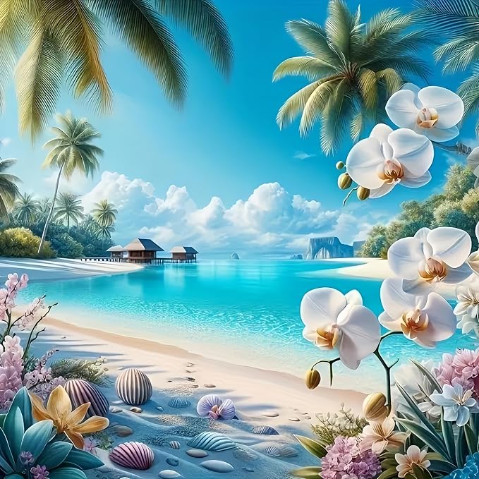 Tropical Beach Diamond Painting Kit for Adults,Gem Art for Beginners | 5D Full Drill Summer Ocean Orchid Diamond Art, DIY Gem Diamond Art for Adults, Home Wall Decor 13.78x13.78 Inch