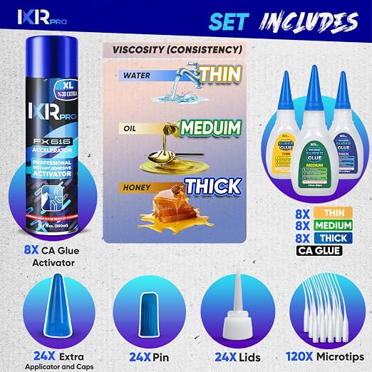 CA Glue with Activator 24x Thin Medium Thick Glue Kit 8X 16.9oz Accelerator