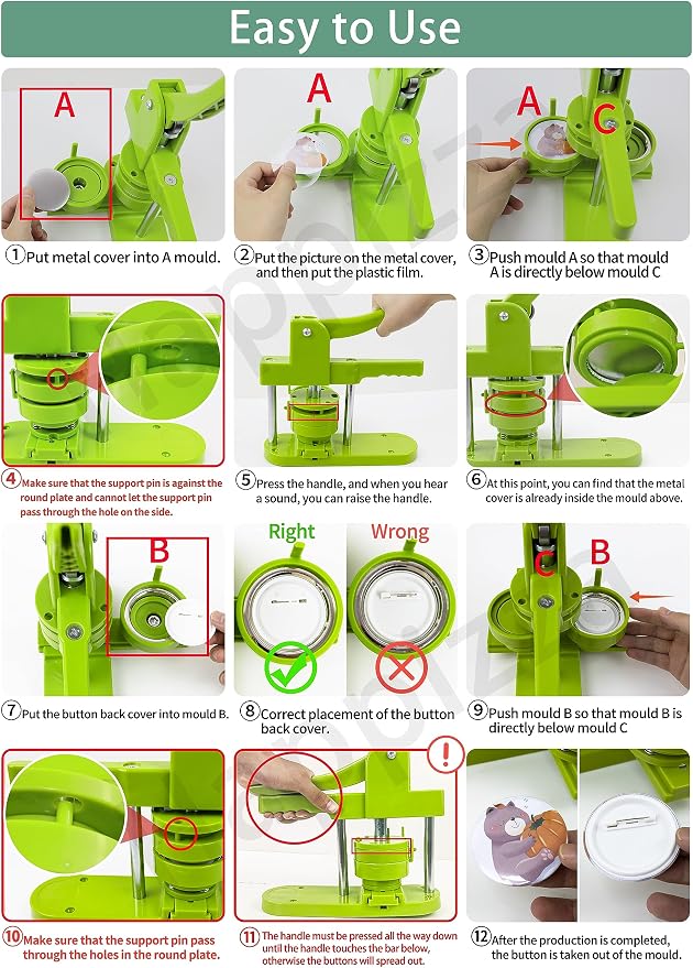 Happizza Button Maker Machine Multiple Sizes, Pin Maker Machine 1.25+2.25+3 inch, Interchangeable Button-Models Badge Button Press Machine with 300 Sets 32+58+75mm Button Maker Supplies&Circle Cutter
