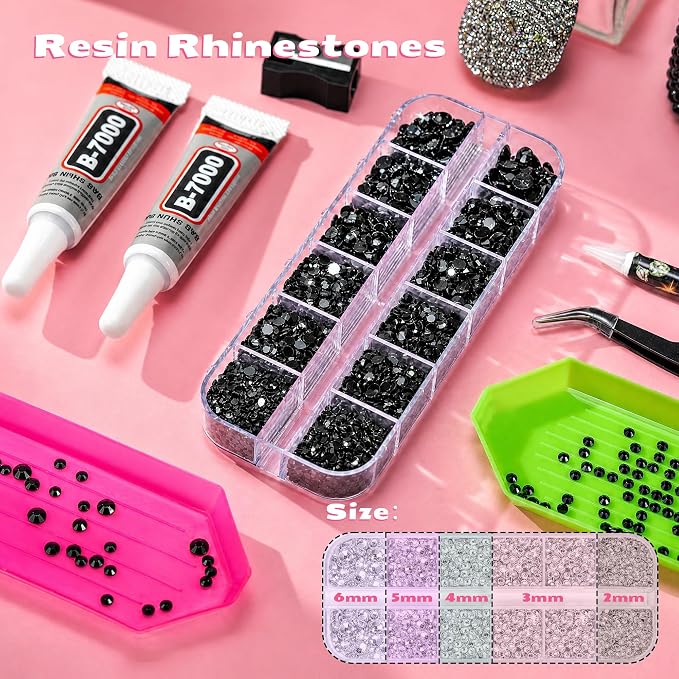 25000 Pcs Resin Jelly Rhinestones Kit, Black 2/3/4/5/6mm Flatback Rhinestones with 2 Pcs B7000 Jewelry Glue & Tools, All-in-One Bedazzling Kit for DIY Arts & Crafts Gifts