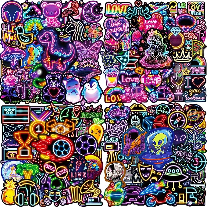 Water Bottle Stickers 200 Pcs Cute Cool Neon Sticker Packs, Classroom Rewards Prizes for Kids, Waterproof Vinyl Stickers for Water Bottles Laptop Scrapbooking Skateboard Journal Guitar Suitcase etc