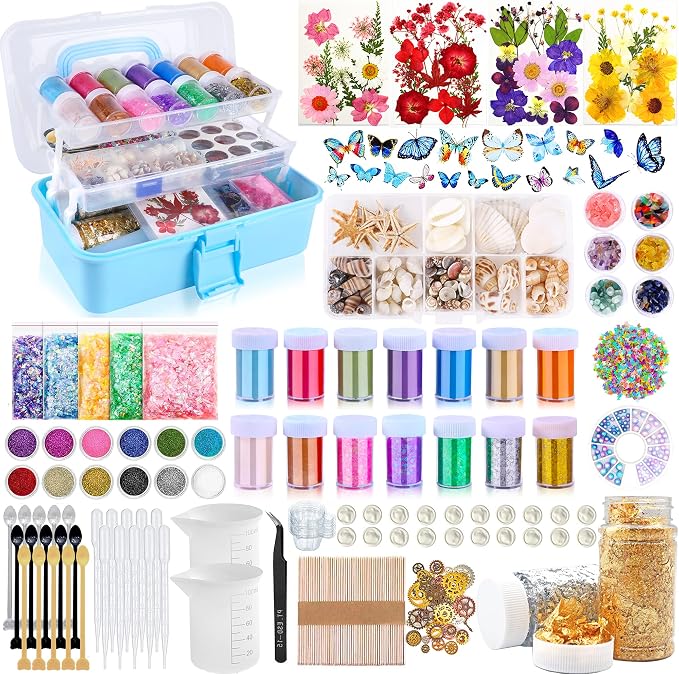 Myzzxt Resin Decoration Accessories Kit,Supplies Kit for Beginner,with Dried Flowers,Butterfly Stickers,Mica Powder and Fillers,Measuring Cups Tool Kit,for Resin Jewelry Making
