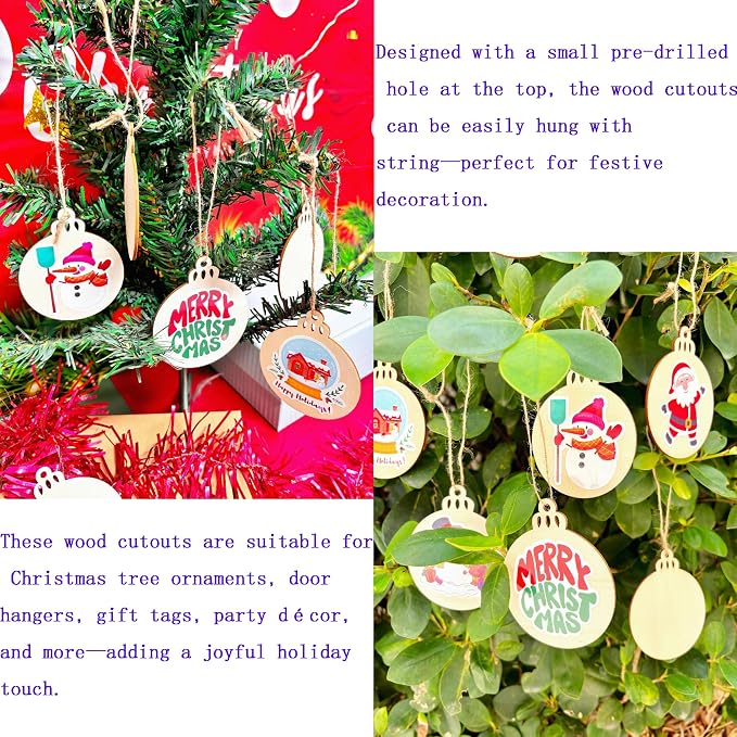 60PCS Unfinished Wood Christmas Cutouts with Sling Hole