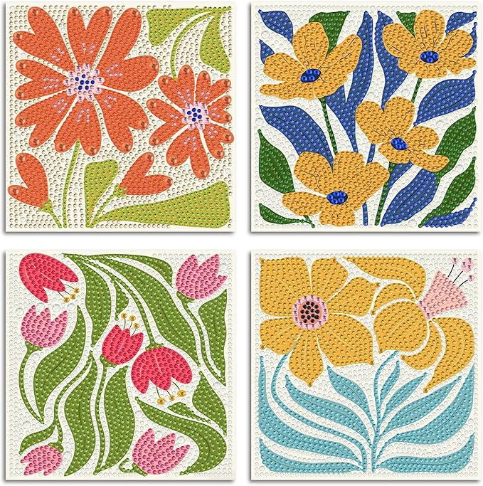 ICYANART 4 Pack Flowers Diamond Art Kits for Kids Age 6-12 6x6 Inch | Diamond Art Painting Kits for Kids Ages 6-8-12 , Small Diamond Art Kids, Simple Gem Painting for Kids Age 6-12 (no Frame)