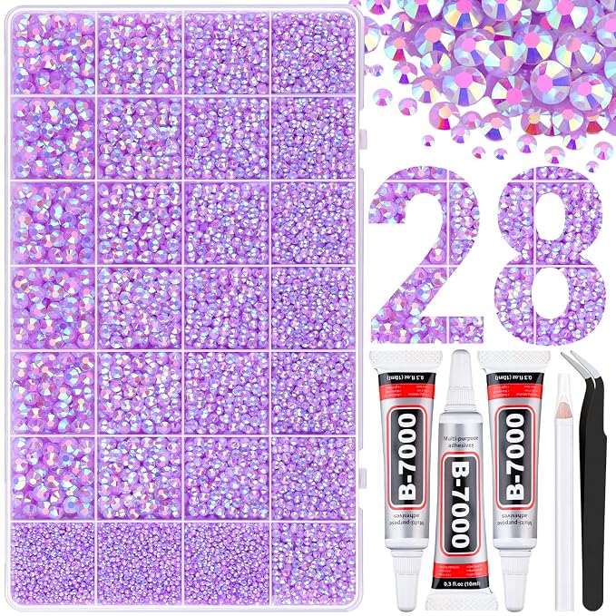 30000Pcs Resin Rhinestones for Bedazzling with Tweezers, Lavender Purple AB Rhinestones for Crafting with 3Pcs 10ml B7000 Jewelry Glue for DIY Crafts Clothing Tumblers Shoes Fabric Nail Art