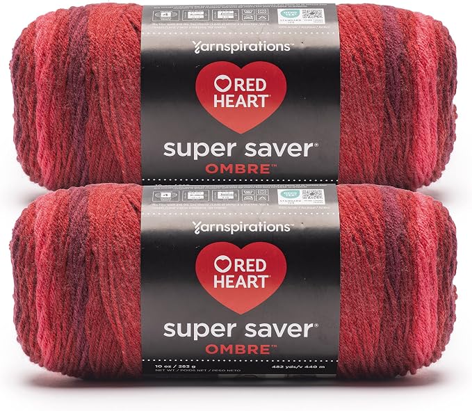 Red Heart Super Saver Ombre Yarn for Crocheting, Tomato, 2-Pack | #4 Medium Worsted Weight 100% Acrylic Ombre Yarn for Blankets, Scarves, Hats, and Sweaters, 482 yards, 283g/10oz