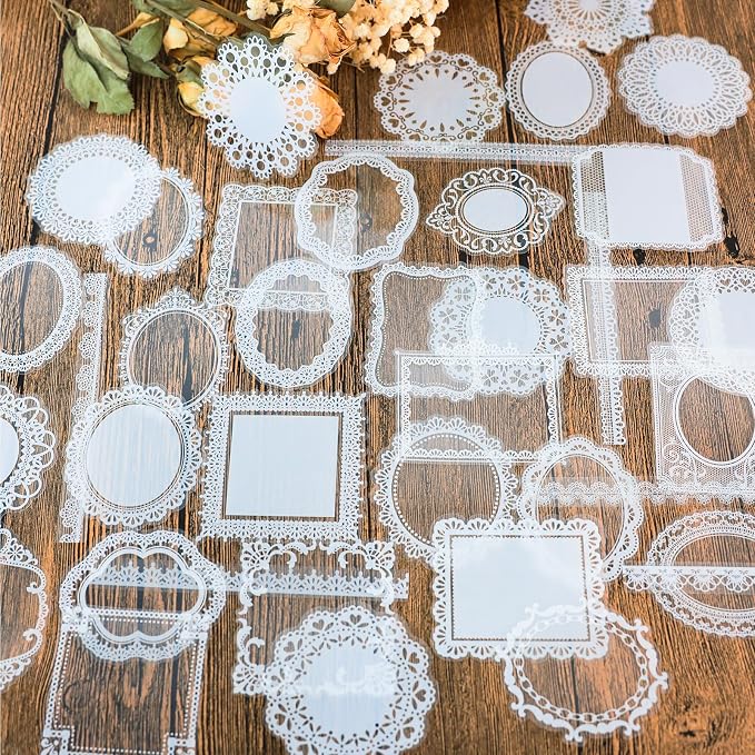 PRSTINCOL 120 PCs Lace Scrapbook Stickers,Waterproof Cutout Transparent Sticker PET Transparent Lace Stickers for Scrapbooking DIY Decoration Making Notebook Frame Album Handmade