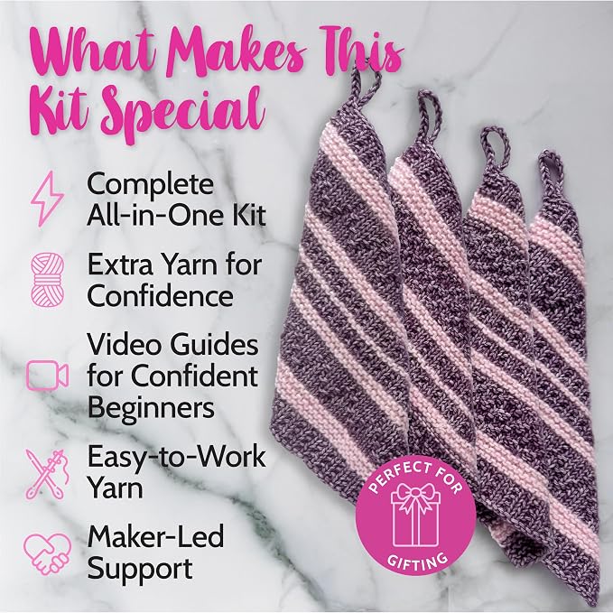 KnitPal Dishcloth Knitting Kit for Beginners (Plum Purple + Blush Pink)