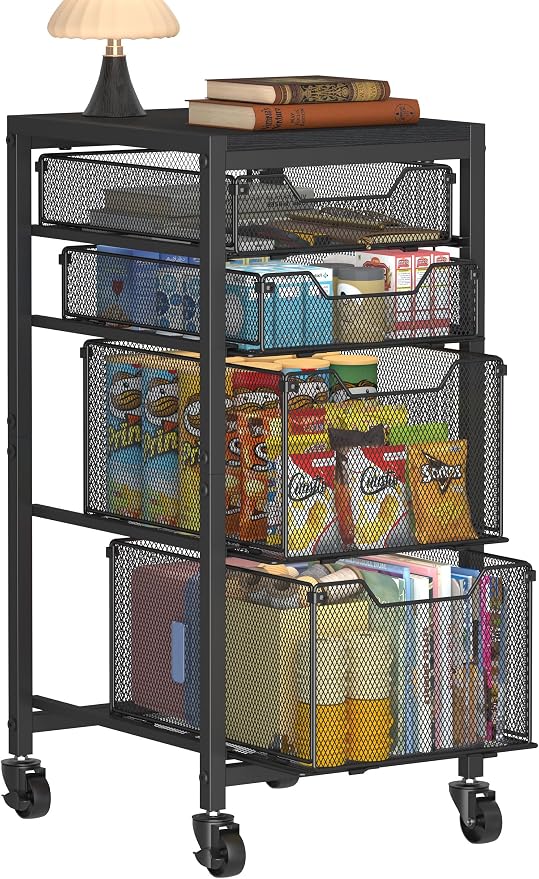 Rolling Storage Cart with Drawers, Under Desk Storage with Wooden Tabletop & Lockable Wheels, 4-Tier Storage Drawers for Bathroom, Craft, Office, Black