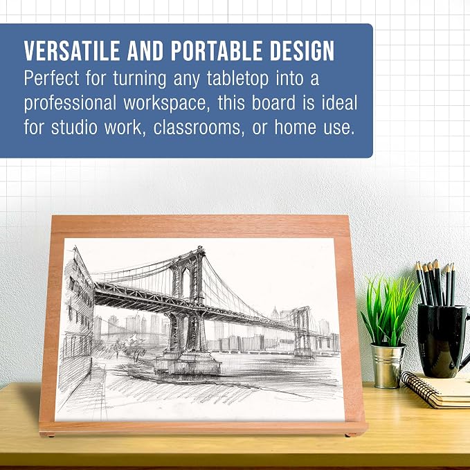 U.S. Art Supply X-Large 25-5/8" x 19" (A2) Wooden Drawing Board, Adjustable | Table Top Easel for Painting and Drawing - Drafting Board with 6 Angles, Pencil Ledge, Locking Storage Drawer