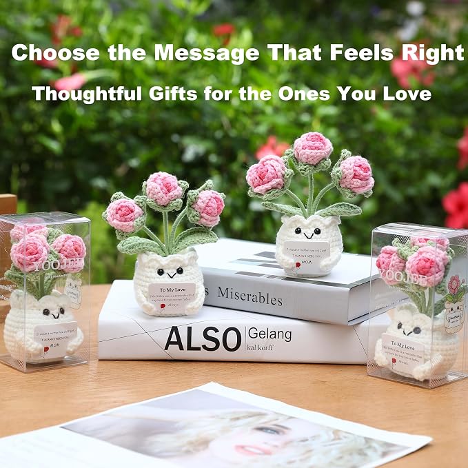 Crochet Rose Gift for Mom – Mothers Day Gifts from Daughter Son, Handmade Pink Rose Flower with Card “I Always Need You, Mom”, Cute Desk Decor, Ready-to-Gift with Clear Box
