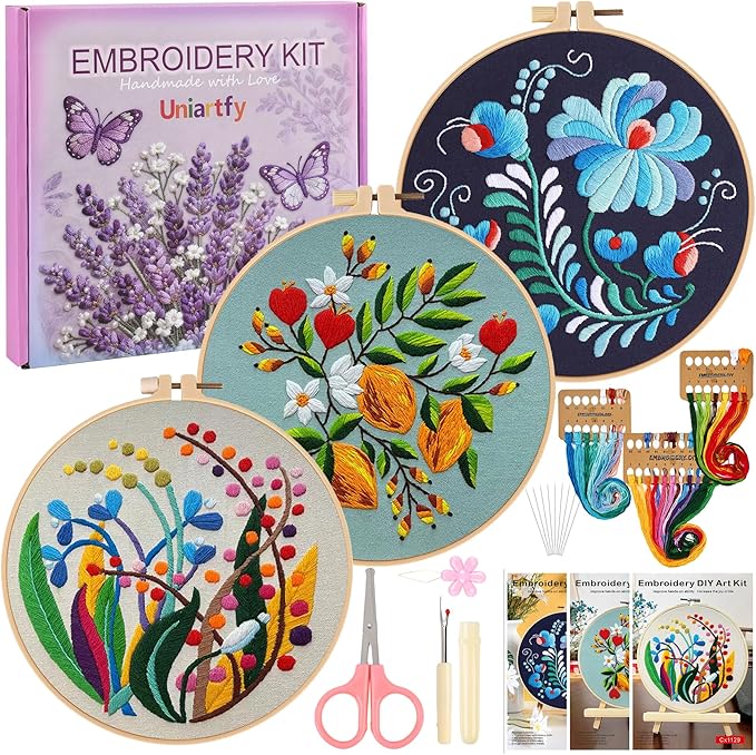 Uniartfy 3 Pack Embroidery Starter Kit for Beginners, Stamped Cross Stitch Kits for Adults with Flowers Plants and Fruits Patterns with 1 Embroidery Hoop and Color Threads, Handmade Needlepoint Kits
