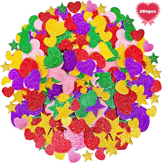 Back to School Supplies - 280 PCS Glitter Foam Reward Stickers for Kids | Self Adhesive Stars Mini Heart Shapes Stickers for Teachers Students Classroom - Arts Craft Scrapbook Supplies Party Favors