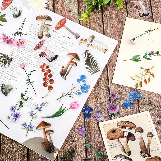 pengxiaomei 200 Pcs Floral Scrapbooking Vintage Stickers, Self-Adhesive Flowers Stickers for Journaling Card Making Scrapbook Style Wall Notebook Letters Window DIY (Mixed Style) Assorted, Multicolor | Flower, Plant & Mushroom Designs; For Journaling, ...