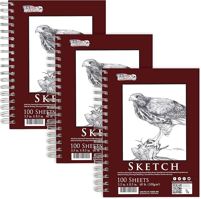 U.S. Art Supply 5.5"x8.5" Sketch Book Pad, Spiral Bound 100 Sheets, 2-Pack | 60lb (100gsm) Spiral Bound - Sketching, Drawing Acid-Free Paper - Sketch Pads For Adults, Students: Colored Pencils, Charcoal