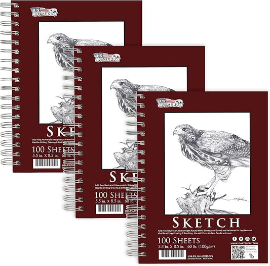 U.S. Art Supply 5.5"x8.5" Sketch Book Pad, Spiral Bound 100 Sheets, 2-Pack | 60lb (100gsm) Spiral Bound - Sketching, Drawing Acid-Free Paper - Sketch Pads For Adults, Students: Colored Pencils, Charcoal