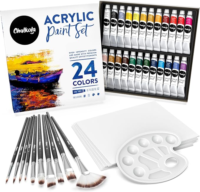 Chalkola 40 Acrylic Paint Set for Adults with 24 Acrylic Paints kit (22ml), 10 Painting Brushes, 5 Canvas for Painting (8x10) & 1 Palette | 10 Painting Brushes, 5 Canvas for Painting (8x10) & 1 Palette - Art Paint Supplies Set for Kids, Beginners, Arti...