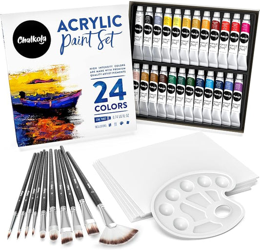 Chalkola 40 Acrylic Paint Set for Adults with 24 Acrylic Paints kit (22ml), 10 Painting Brushes, 5 Canvas for Painting (8x10) & 1 Palette | 10 Painting Brushes, 5 Canvas for Painting (8x10) & 1 Palette - Art Paint Supplies Set for Kids, Beginners, Arti...