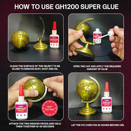 GH1200 2 PCs (2-in-1) Super Glue with Brush Applicator & Nozzle, Mess Free Superglue Brush, Instant Never Dries, 3000 CPS Ca Glue, No Stain Clear Glue, Super Glue for Plastic, Rubber & More