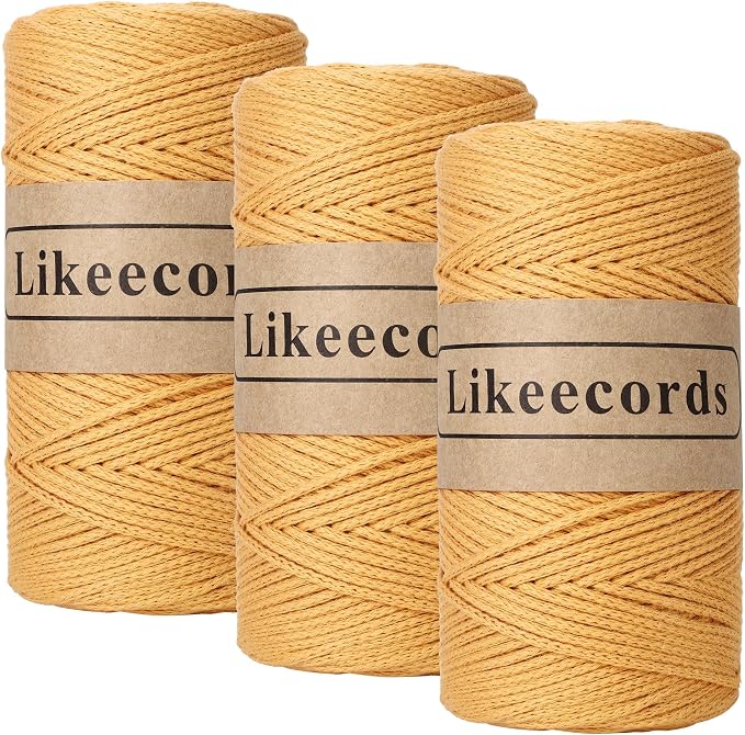 Likeecords 100% Cotton Crochet Yarn for Bag,3 Rolls/Pack 2mm x 510m,Macrame Cord,Chunky Yarn for Crocheting Handbag, Purse,Blankets Crafts Projects (Yellow)
