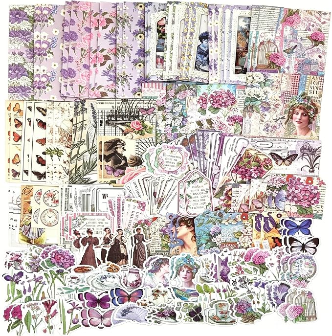 Esweny 200PCS Vintage Scrapbooking Supplies Pack, Aesthetic Scrapbook Sticker Paper Art Journaling Kit for Junk Journals,Planner,Cottagecore Decor Gifts (Purple Series)