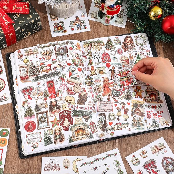 400+ Christmas Waterproof Vinyl Sticker Book, Cute Christmas Aesthetic Stickers for Kids, Funny Stickers for Adults, Holiday Planner Stickers for Journaling, Scrapbooking, Santa Snowman Reindeer Gifts