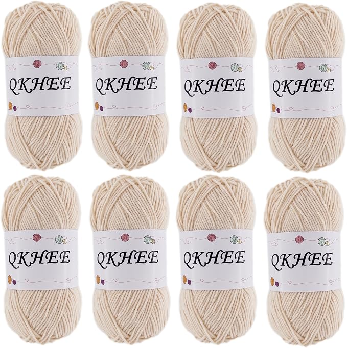 QKHEEYarn for Crocheting and Knitting 8 * 1.76 Oz (50G) /195yd,Fine/Fingering Weight (1), 60% Cotton 40% Acrylic Soft Yarn kit for Making Granny Squares and amigurumi (Ecru)