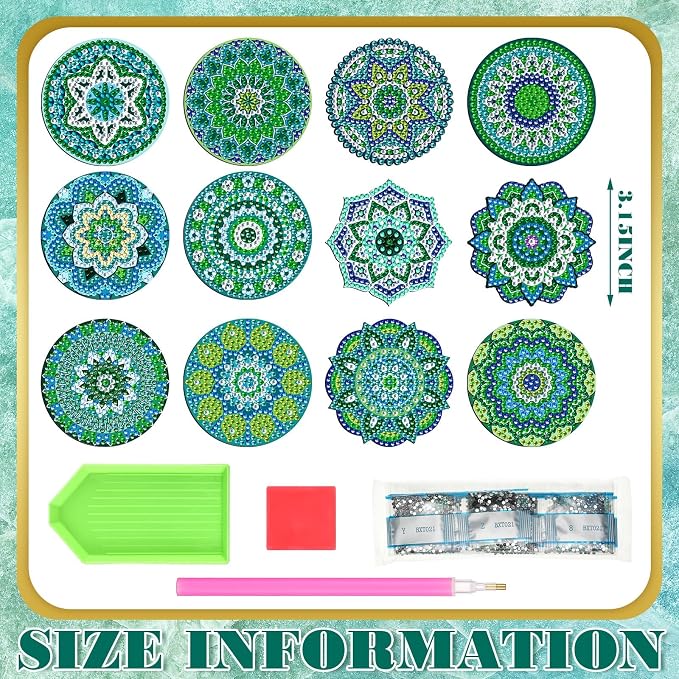 Zonon 12 Pcs Mandala Diamond Art Fridge Magnets, Teal Green | Refrigerator Magnets for Whiteboard Locker Office, Boho Turquoise Diamond Painting Patterns, Round Hexagon Designs