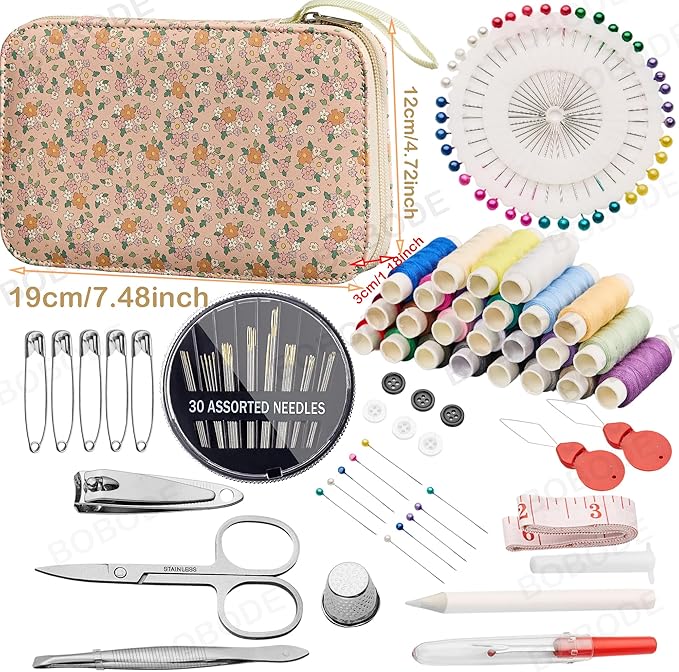 Sewing Project Kits Floral Pattern Sewing Kit with 130PCS Sewing Supplies Accessories,Printing Sewing Set with Zipper Sewing Supplies Case,for Travel Emergency, Home