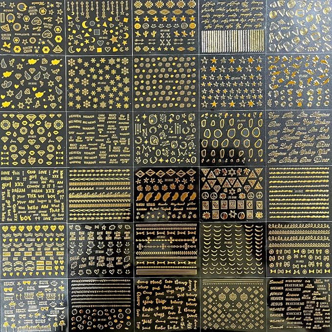 30 Sheets Gold Nail Art Stickers 3D Self-Adhesive Nail Decals Gold Line Star Nail Stickers for Acrylic Nails Gold Leaf Diamond Nail Supplies for Women