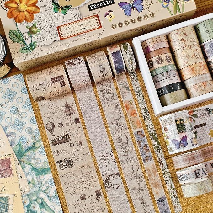 32 Rolls Vintage Rainbow Washi Tape Set Aesthetic Decorative scrapbook Tape