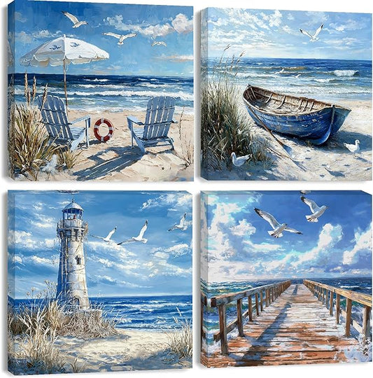 Clendo 4 Pack Beach Paint by Numbers Kit for Adults Beginners Framed - DIY Coast Adults Paint by Numbers Kits on Canvas, Small Easy Acrylic Oil Painting for Home Wall Decor (8 x 8 Inch)
