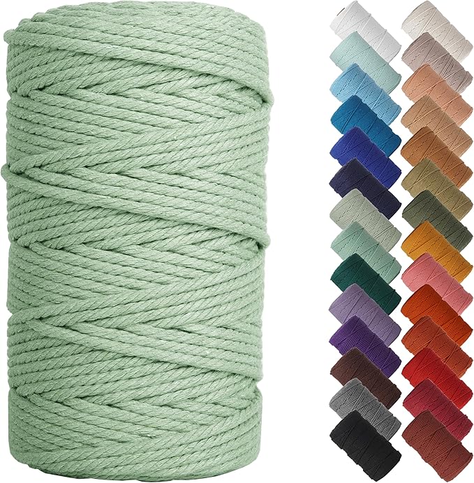 NOANTA Sage Macrame Cord 4mm x 109yards, Colored Cotton Rope Macrame Yarn | Macrame Rope Supplies, 3 Strand Twisted Cotton Yarn String, Cotton Cord for Wall Hanging, Plant Hangers, Crafts, Knitting