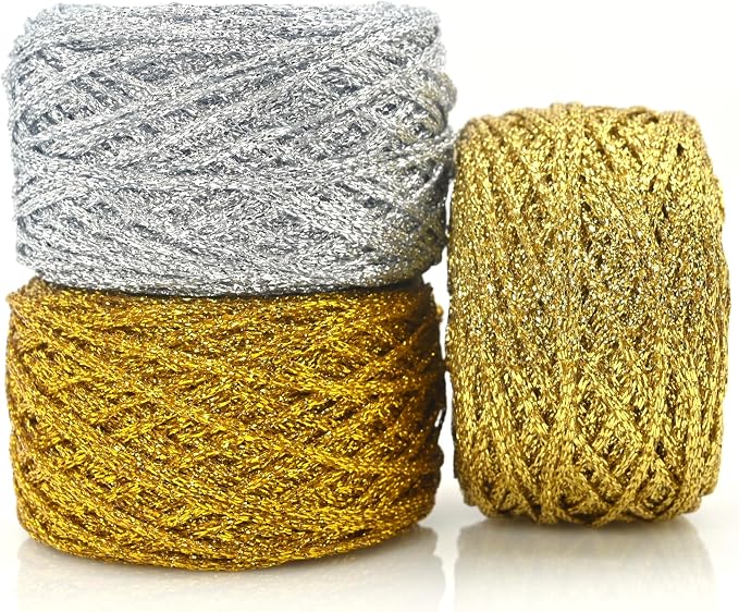 Metallic Glitter Yarn for Crochet & Knitting, Fine 2 Light Weight Worsted for Crochet Knitting, 35g 1.23oz, 145 Yards Soft Craft Sparkle Yarn (Champagne)