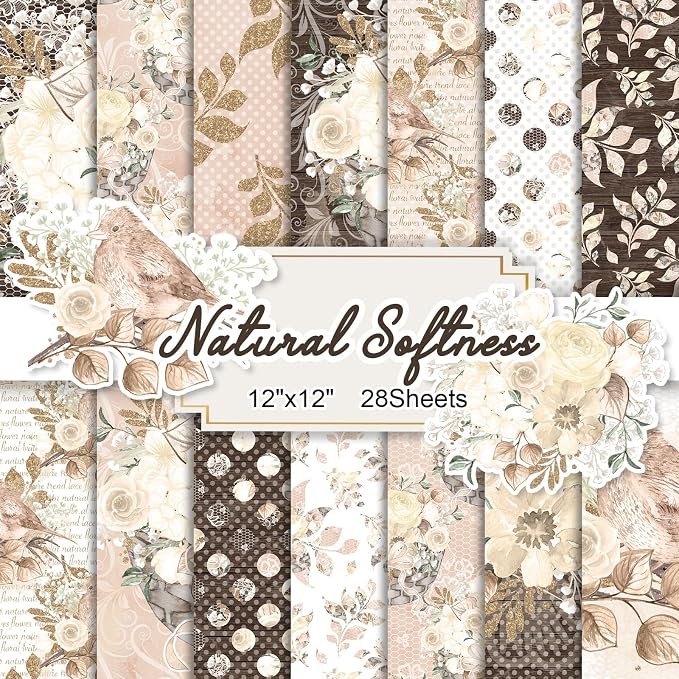 28 Sheets Scrapbook Paper, Floral Scrapbooking Specialty Papers 160gsm Cardmaking Craft Paper Pack Decorative Paper for Card Making (12"X12" Inch, Natural Softness)