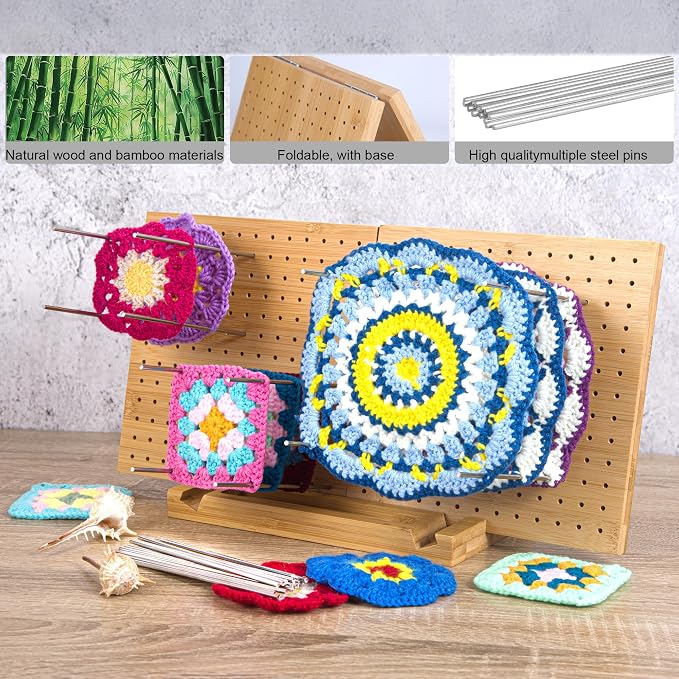 Crochet Blocking Board with Pegs & Accessories - 15.5x7.7 inch Knitting Board for Granny Square, Perfect Gift for Grandma & Mom, Complete Crochet Tool Kit.