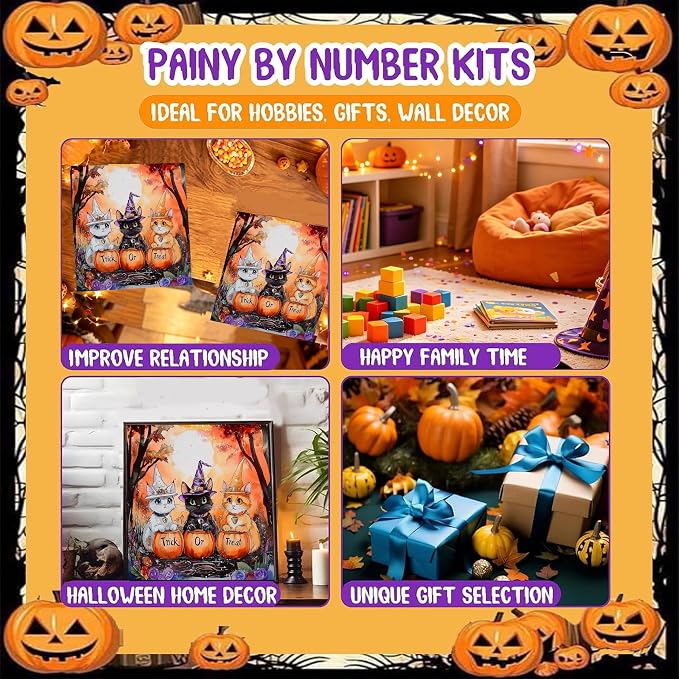 Halloween Paint by Numbers for Adults, Witch Cats Paint by Number on Canvas