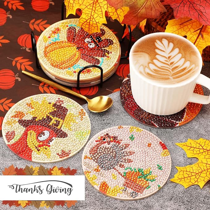 UPINS 8Pcs Fall Diamond Art Coasters with Holder | Thanksgiving Diamond Turkey Art Coasters Kits, for Adults Kids Beginners Diamond Craft Supplies