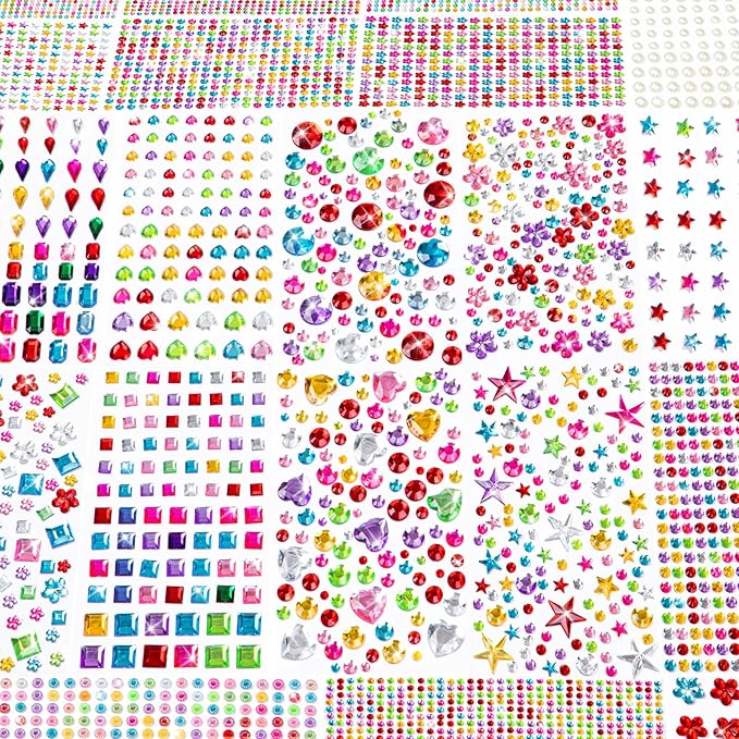 6124Pcs Gem Stickers-Self-Adhesive Face Jewelry Stickers, Acrylic Gems DIY Crafts, Sparkling Heart-Shaped Rhinestone for Kids, for Party & Holiday Supplies