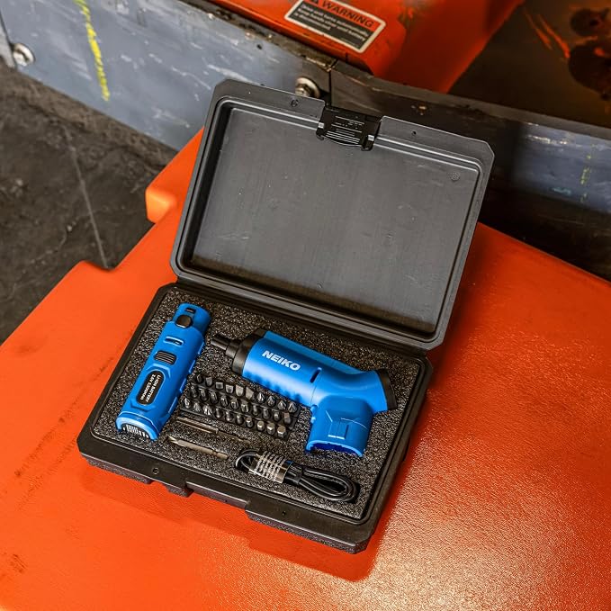 NEIKO 10580A Electric Screwdriver, 34pc Rechargeable Cordless Screwdriver Set, 1/4” Hex Shank 3.6V Lithium Ion Power Screwdriver, 3 LED Lights, USB C Charger Included, Mini Screw Driver