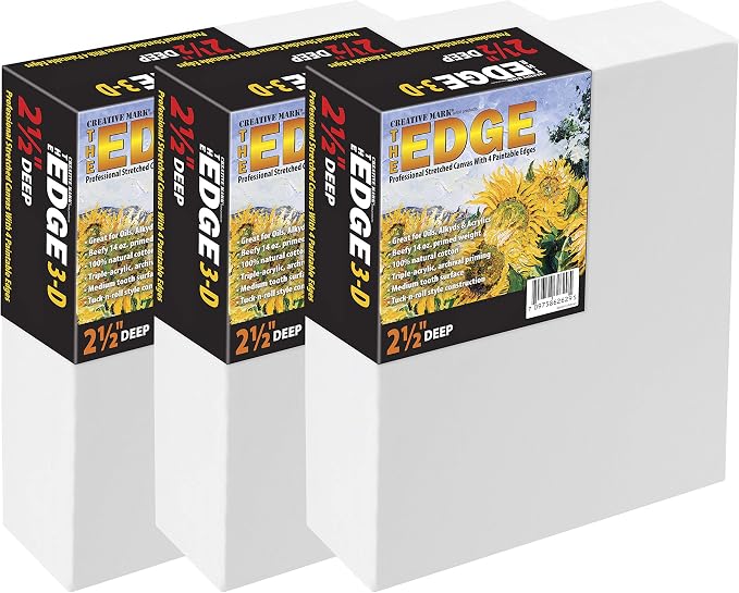 Creative Mark The Edge Deluxe Cotton 2-1/2 in. Deep Stretched Canvas for Painting, 24x24 9-Pack, 14oz. Primed Weight, Universal Archival Priming, Medium Tooth, Frameless Artwork Canvas for Painters